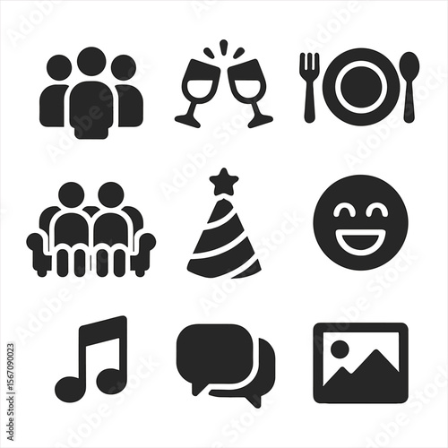Friends Gathering Icons. Solid, filled icons set of friends gathering: group icon, clinking glasses, shared