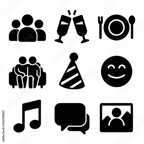 Friends Gathering Icons. Solid, filled icons set of friends gathering: group icon, clinking glasses, shared