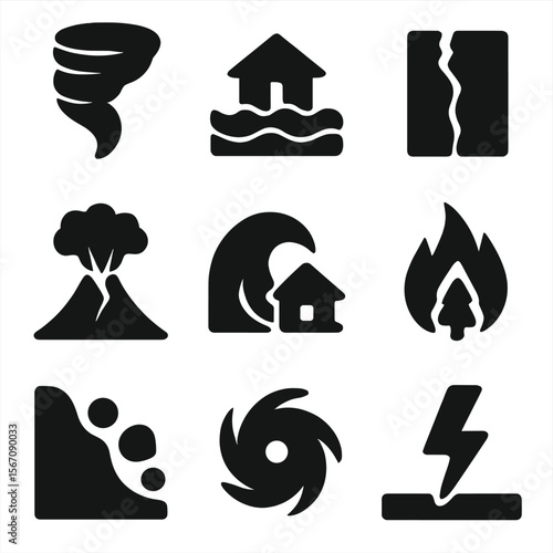 Natural Disasters Icons. Solid, filled icon set of natural disaster dangers: tornado, flood waves, earthquake crack, volcanic
