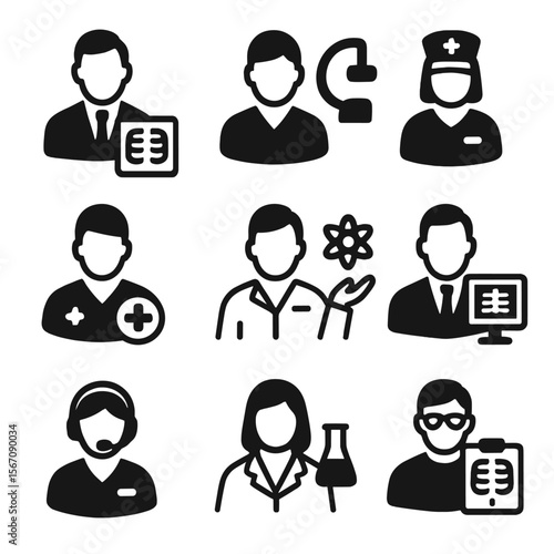 Radiology Staff Icons. Solid, filled icon set of radiology staff roles: radiologist, technician, nurse, radiology assistant,
