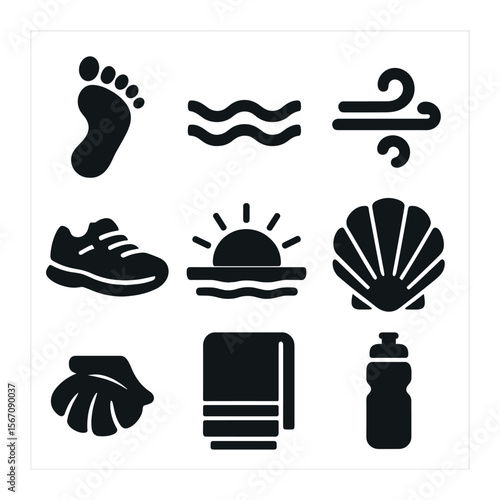 Beach Sunrise Icons. Solid, filled icons set of 3D sunrise beach walk: barefoot print, low tide, cool breeze,