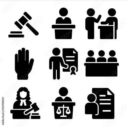 Legal Icons Grid. Solid, filled icon set of legal proceedings: gavel strike, opening statement, cross-examination, objection hand,