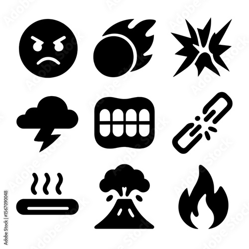 Rage Expression Icons. Solid, filled icon set of expressions of rage: angry emoji, fireball, shattered glass, thunderstorm,