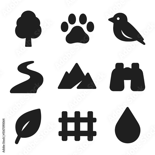 Natural Habitat Icons. Solid, filled icon set of natural habitat conservation: tree, animal paw, bird, river, mountain, binoculars