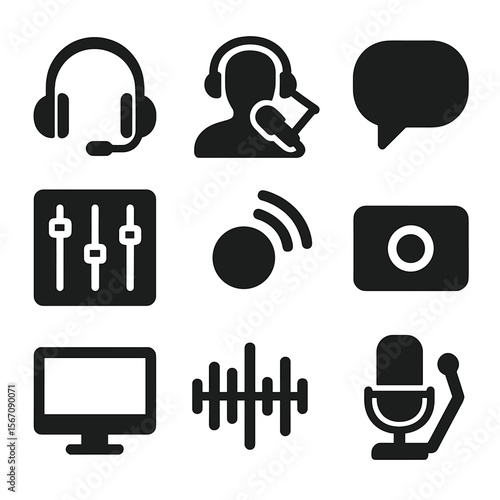 Radio Host Icons. Solid, filled icon set of radio host with headphones: headset icon, microphone arm, sound mixer, speech bubble,