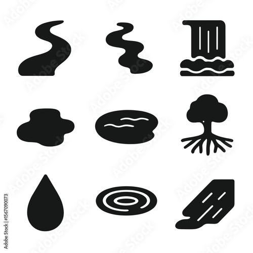 Rainforest Water Icons. Solid, filled icon set of rainforest water sources: river, stream, waterfall, puddle, pond, flooded tree