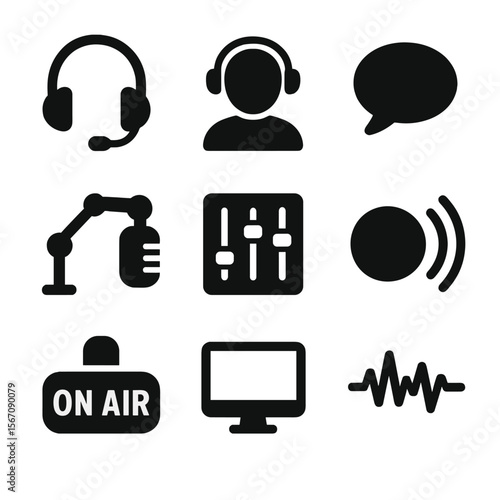 Radio Host Icons. Solid, filled icon set of radio host with headphones: headset icon, microphone arm, sound mixer, speech bubble,