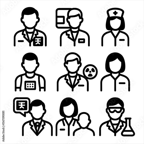 Radiology Staff Icons. Solid, filled icon set of radiology staff roles: radiologist, technician, nurse, radiology assistant,