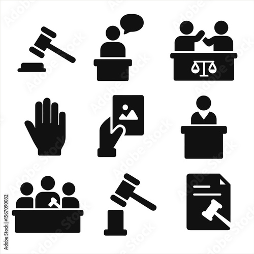 Legal Icons Grid. Solid, filled icon set of legal proceedings: gavel strike, opening statement, cross-examination, objection hand,