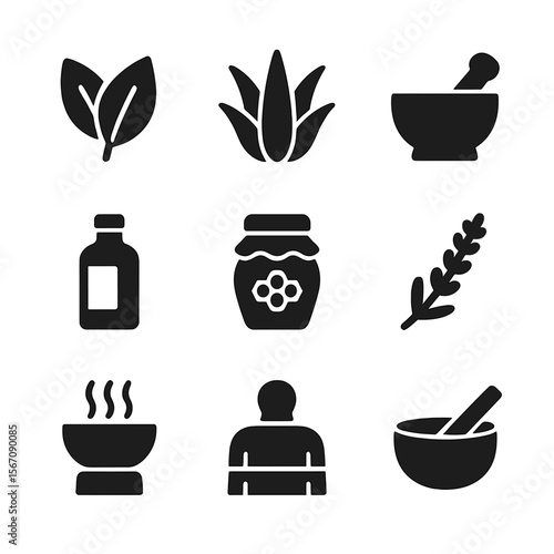Natural Healing Icons. Solid, filled icon set of natural healing methods: herbal leaves, aloe vera, mortar and pestle, tincture