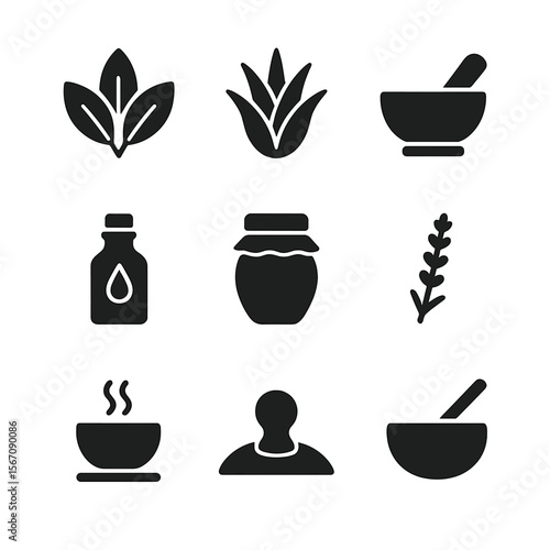 Natural Healing Icons. Solid, filled icon set of natural healing methods: herbal leaves, aloe vera, mortar and pestle, tincture