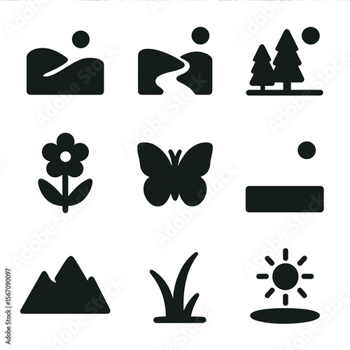 Nature Icon Collection. Solid, filled icon set of nature scenes under clear sky: rolling hills, river stream, tree cluster,