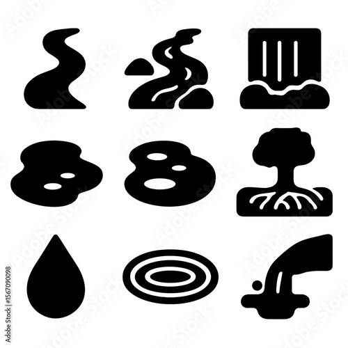 Rainforest Water Icons. Solid, filled icon set of rainforest water sources: river, stream, waterfall, puddle, pond, flooded tree