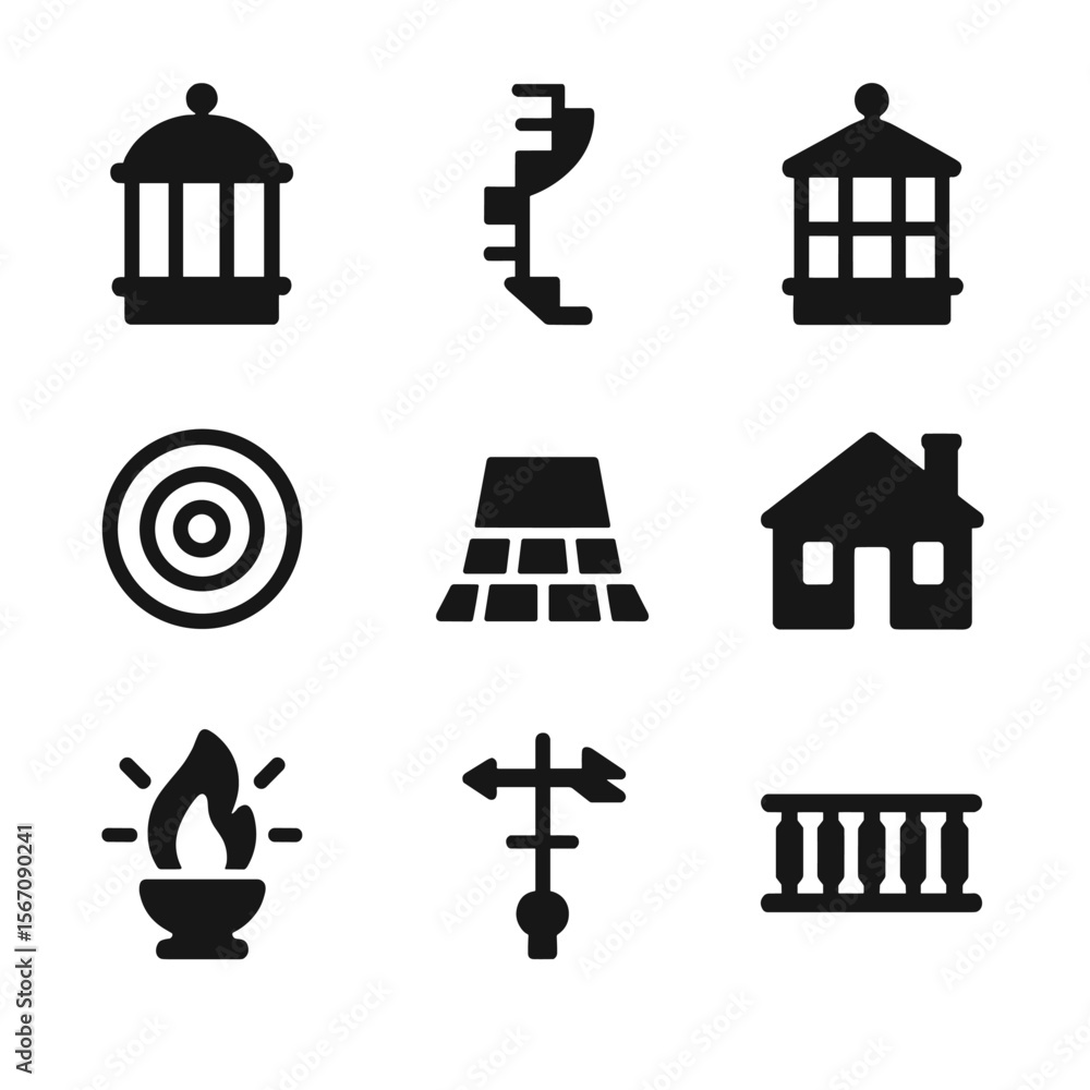 Naklejka premium Lighthouse Icon Set. Solid, filled icon set of lighthouse components: light chamber, spiral staircase, lantern room, lens,