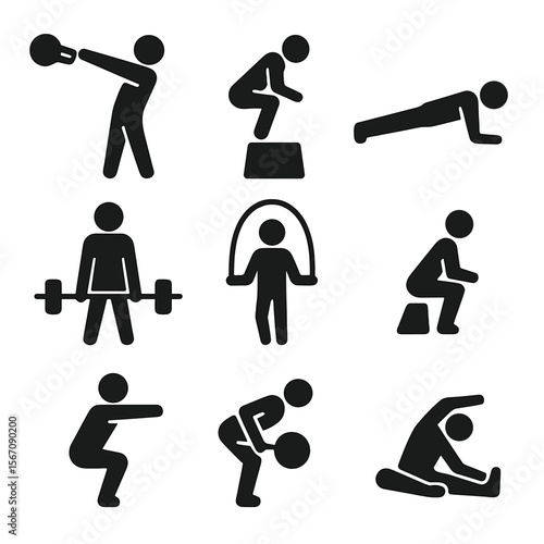 Functional Fitness Icons. Solid, filled icons set of functional fitness movements: kettlebell swing, box jump,