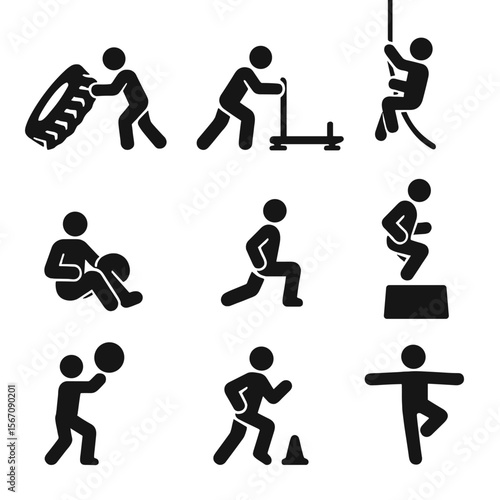 Functional Fitness Icons. Solid, filled icons set of functional fitness movements: tire flip, sled push, rope