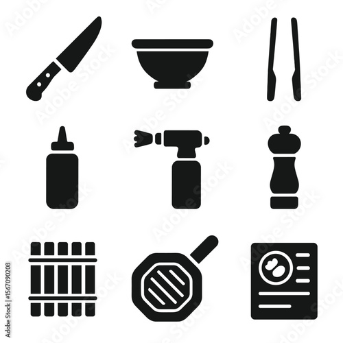 Fusion Cooking Icons. Solid, filled icons set of fusion cooking tools: chef’s knife, mixing bowl, plating