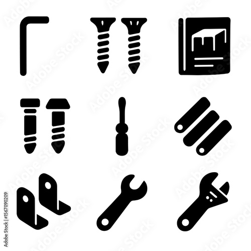Furniture Assembly Icons. Solid, filled icons set of furniture assembly: hex key, screws, assembly