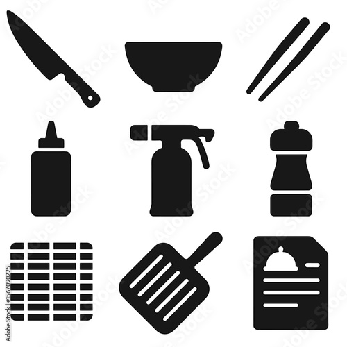 Fusion Cooking Icons. Solid, filled icons set of fusion cooking tools: chef’s knife, mixing bowl, plating