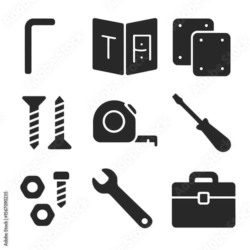 Furniture Assembly Icons. Solid, filled icons set of furniture assembly: Allen key, instruction manual, screws