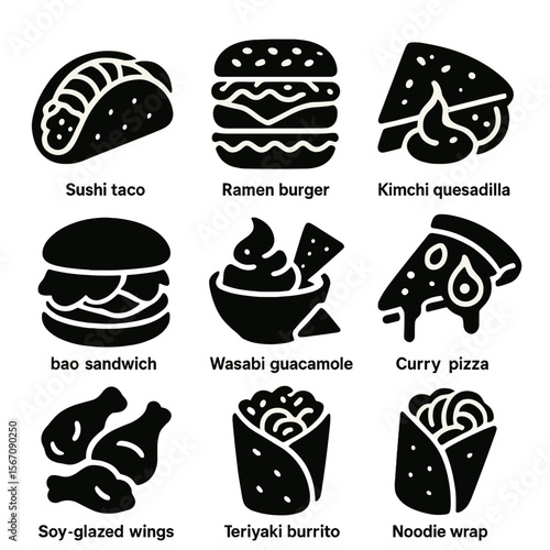 Fusion Cuisine Icons. Solid, filled icons set of cuisine fusions: sushi taco, ramen burger, kimchi quesadilla,