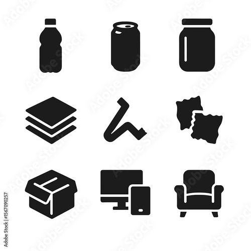 Recycled Material Icons. Solid, filled icon set of recycled materials: plastic bottle, aluminum can, glass jar, paper stack, metal