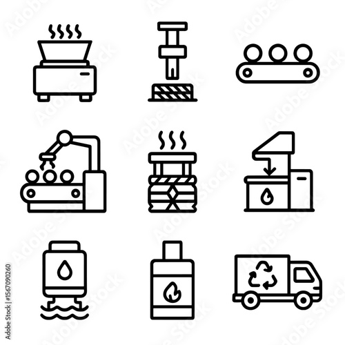 Recycling Equipment Icons. Solid, filled icon set of recycling process equipment: shredding machine, compacting press, conveyor