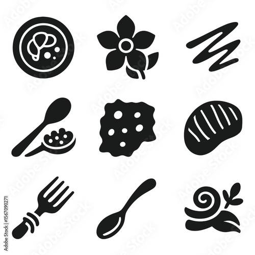 Fusion Cuisine Icons. Solid, filled icons set of upscale fusion cuisine: gourmet plate, edible flower,
