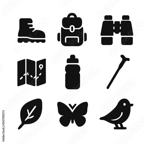 Nature Walk Icons. Solid, filled icon set of nature walk: hiking boots, backpack, binoculars, map, water bottle, walking stick,