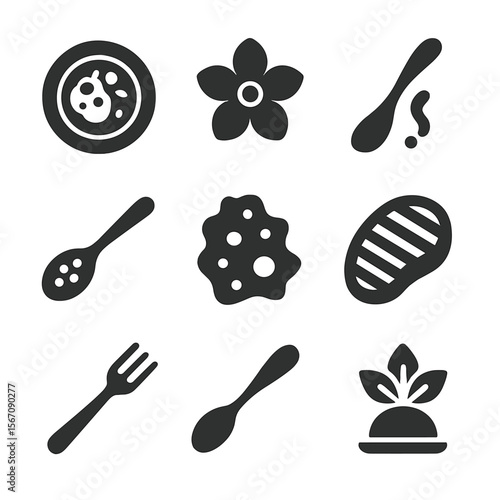 Fusion Cuisine Icons. Solid, filled icons set of upscale fusion cuisine: gourmet plate, edible flower,