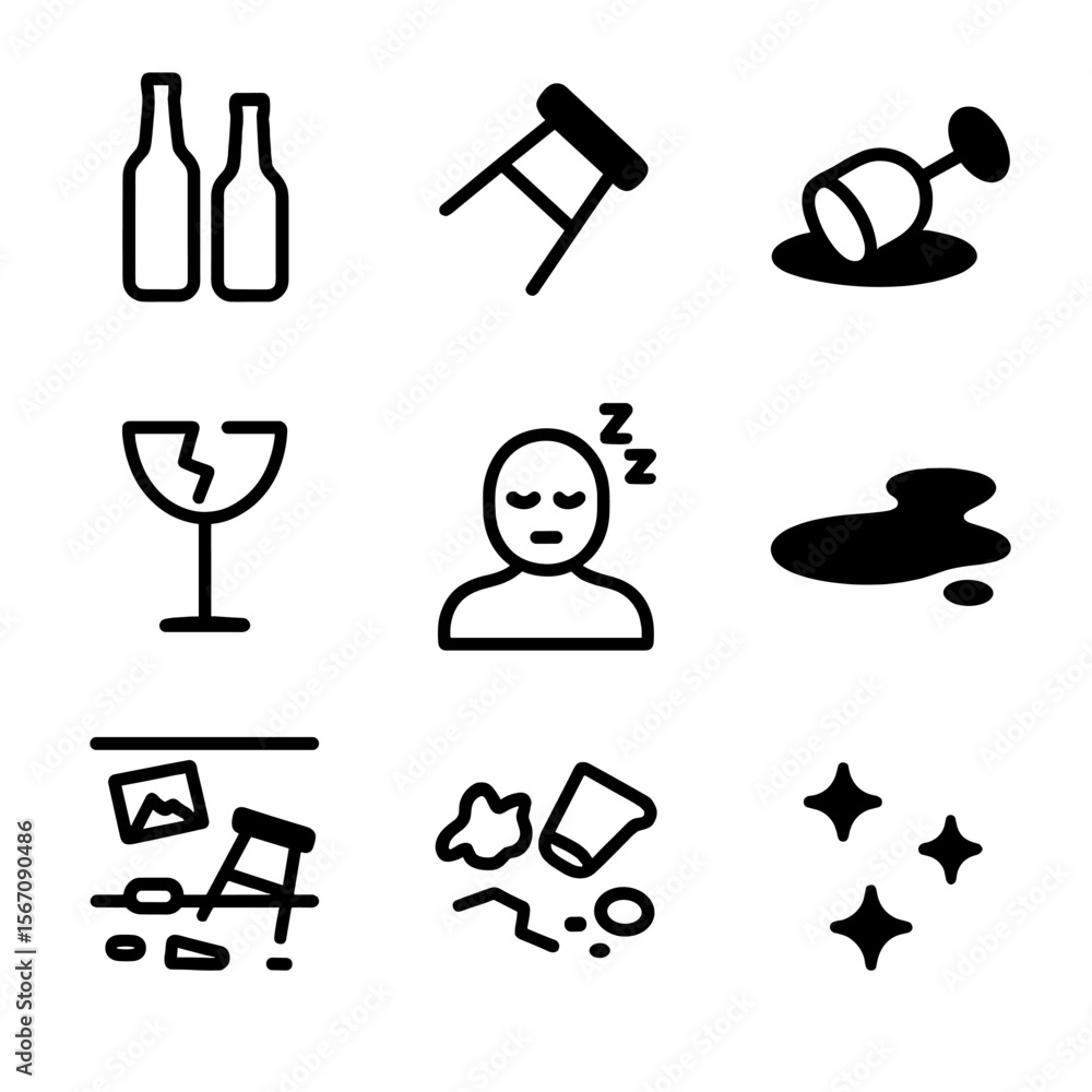 Obraz premium Night Out Aftermath. Solid, filled icon set of night out consequences: empty bottles, tipped stools, spilled liquids, broken glass