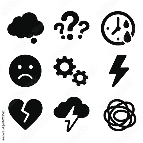 Nervous Mind Icons. Solid, filled icon set of nervous mind signs: thought cloud, question marks, sweating clock, worried face,