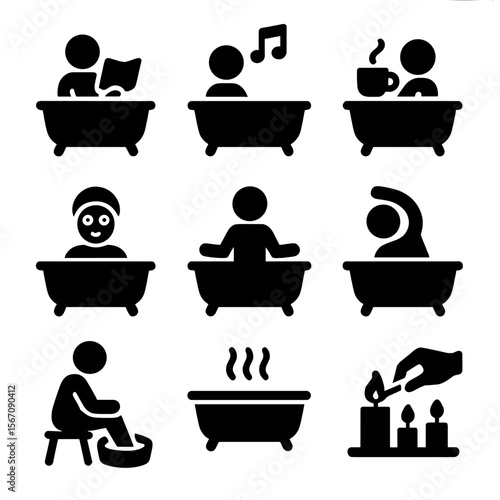 Relaxing Bath Icons. Solid, filled icon set of bath time activities: reading book, playing music, drinking tea, applying face mask