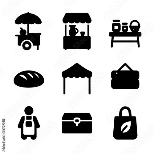 Local Vendor Icons. Solid, filled icon set of local vendor elements: food cart, beverage stand, homemade goods table, artisan
