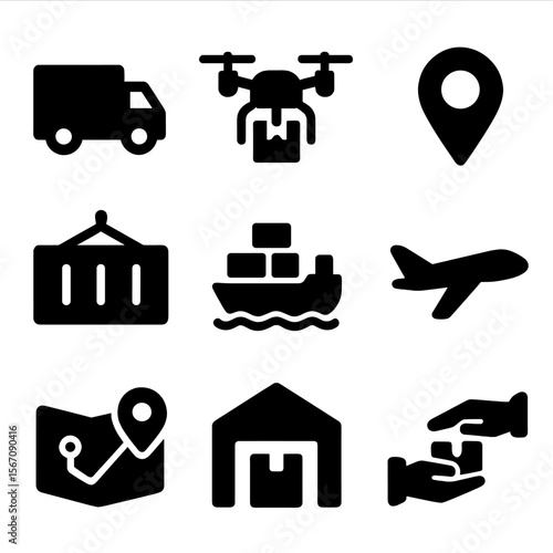 Logistics Icon Grid. Solid, filled icon set of logistics and delivery: delivery truck, drone delivery, map pin, shipping container