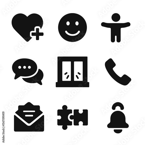Loneliness Prevention Icons. Solid, filled icon set of loneliness prevention: heart with plus, smiley face, open arms, friendly