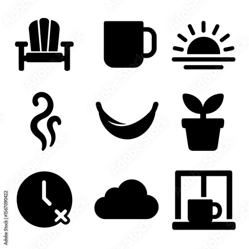 Relaxing Icons Grid. Solid, filled icon set of relaxing environments: garden chair, patio mug, morning sunrise, steam swirl,