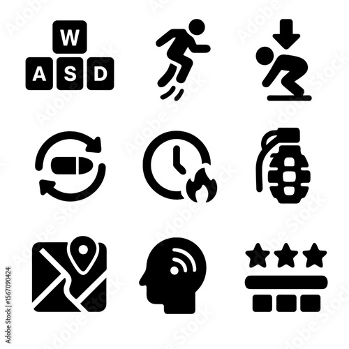 Game Icons Grid. Solid, filled icons set of in-game mechanics mastery: movement keys, jump timing, crouch