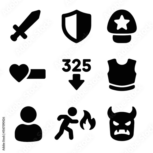 Game Icons Grid. Solid, filled icons set of offense vs defense in video games: attack sword, defense shield,