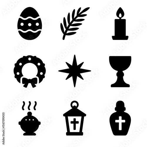 Religious Festival Icons. Solid, filled icon set of religious festivals: Easter egg, palm branch, candle, wreath, nativity star,