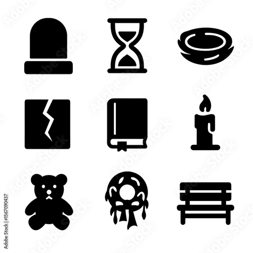 Icons of Loss. Solid, filled icon set of loss symbolism: gravestone, hourglass, empty nest, torn letter, closed book, extinguished
