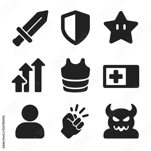 Game Icons Grid. Solid, filled icons set of offense vs defense in video games: attack sword, defense shield,
