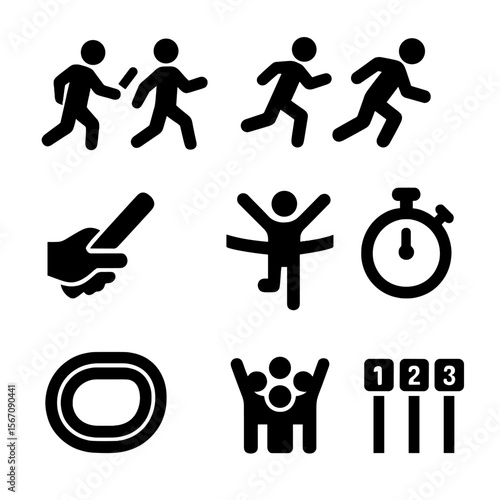 Relay Race Icons. Solid, filled icon set of relay race teamwork: baton pass, running team, starting block, handoff motion, finish