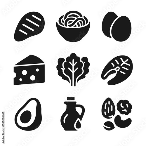 Low-Carb Food Icons. Solid, filled icon set of low-carb foods: grilled chicken, zucchini noodles, eggs, cheese wedge, leafy greens