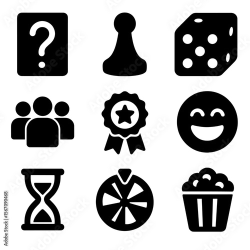 Game Night Icons. Solid, filled icons set of game night conversation cues: question card, board game piece,