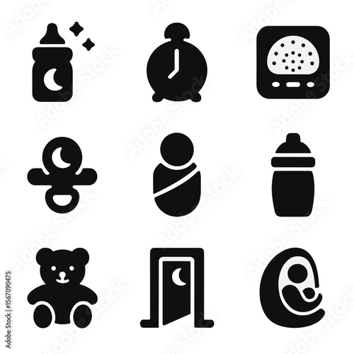 Night Feeding Tools Icons. Solid, filled icon set of night feeding tools: glow bottle, night timer, sound machine, light pacifier,