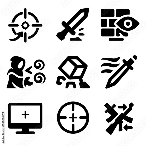 Game Skills Icon Set. Solid, filled icons set of game-specific skills: flick shot, last hit, wall peek, spell