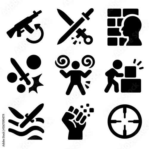 Game Skills Icon Set. Solid, filled icons set of game-specific skills: flick shot, last hit, wall peek, spell