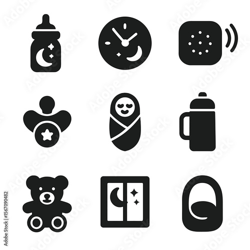 Night Feeding Tools Icons. Solid, filled icon set of night feeding tools: glow bottle, night timer, sound machine, light pacifier,