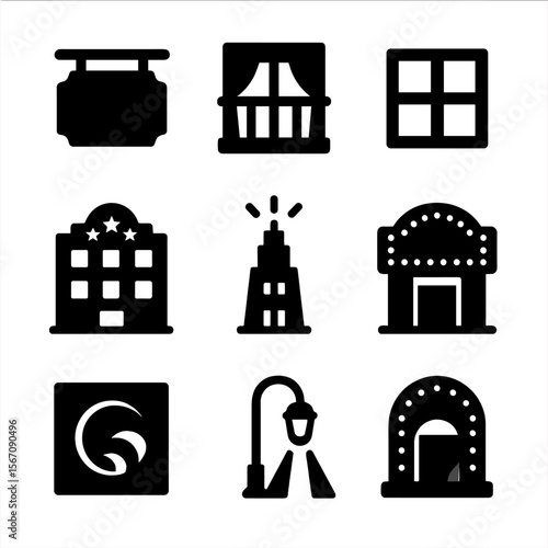 Nighttime Icon Set. Solid, filled icon set of night-lit facades: neon signboard, lit balcony, glowing window, illuminated hotel,
